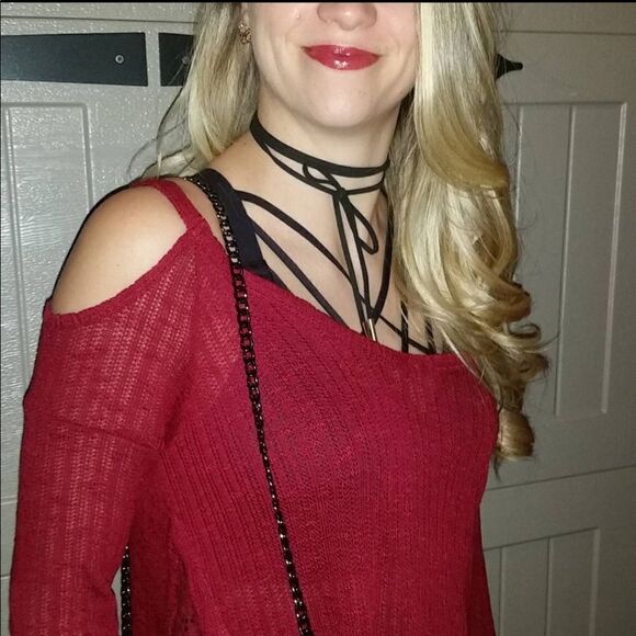 Xhilaration Red Cold Shoulder Sweater - Picture 1 of 10